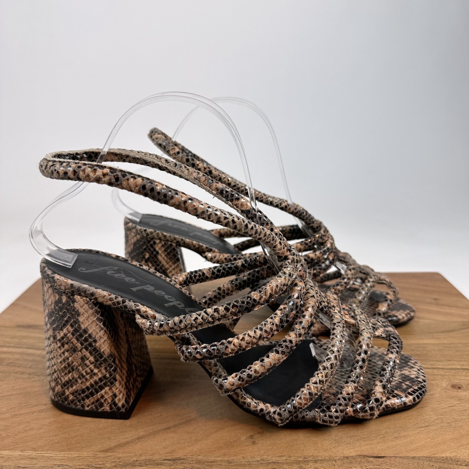New Womens Free People Colette Cinched Heel Snakeskin Print Leather Sandal Sz 40